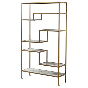 Modern Bookcase, Brass Finished Frame With Faux Marble Staggered Shelves