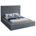 Meridian Furniture - Bliss Velvet Upholstered  Bed, Gray, Queen - Extend elegance to the bedroom with this Bliss grey velvet bed. This bed has a rich look, with deeply tufted upholstery along its upper platform perimeter and headboard, ensuring that it is a good fit in modern bedroom themes. Storage rails and footboard are included to ensure maximum versatility, and the bed comes with full slats, so you can use it without a box spring. The grey velvet fabric used in its design makes it easy to integrate alongside other furnishings.