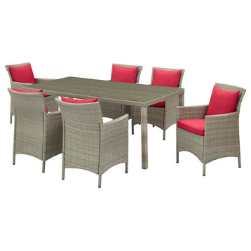 Side Dining Chair and Table Set, Rattan, Wicker, Gray Red, Modern, Outdoor