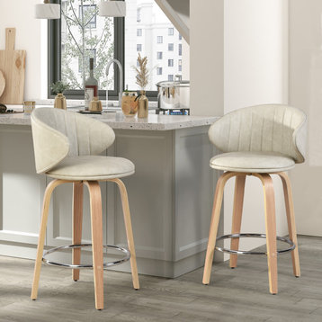 Swivel Counter Stool, Wood Bar stools, Pu Leather, Set of 2, Mid-Century Modern, Beige, 26''