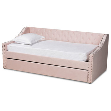 Shona Modern Velvet Upholstered Trundle Daybed, Pink, Twin Size