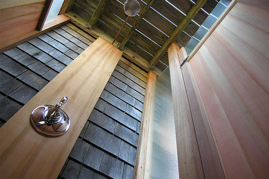 Large minimalist brown two-story wood exterior home photo in Boston
