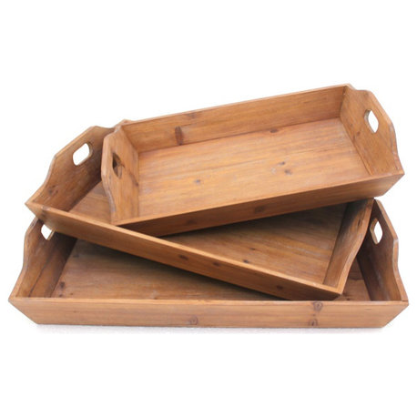 Rectangular Wooden Serving Tray With Cut Out Handles, Set Of 3, Brown