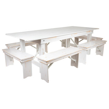 HERCULES Series 8' x 40" Folding Farm Table and Six Bench Set, Antique White