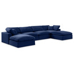 Meridian Furniture - Comfy Upholstered U-Shaped Modular Sectional, Navy, 6-Piece: 2 Armless Chair, 2 Corner Chair, 2 Ottoman, Velvet - Give your space a whole new look with this navy Comfy velvet sectional. This handsome sectional fits nicely with other items in the Comfy collection and is a versatile seating option designed for adaptability, comfort and style. Wrapped in rich navy durable velvet upholstery, this sectional offers a plush embrace of overstuffed down feather cushions, carefully crafted to deliver the highest level of comfort. The perfect seat for creating an oasis for relaxation, this sectional has thick foam surrounding its frame for added support and coziness.