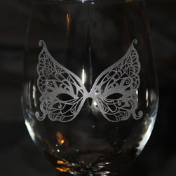 A pair of Hand Etched Masquerade Mask Wine glass - Wine Glasses