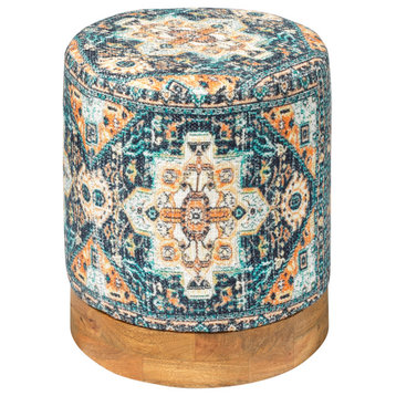 Blue Cotton Fabric Mango Wood Mendocino Upholstered Ottoman
