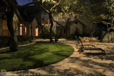 Back patio with warm LED up and down lighting