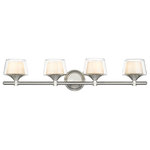 Innovations Lighting - Innovations 311-4W-SN-CLW 4-Light Bath Vanity Light, Satin Nickel - Innovations 311-4W-SN-CLW 4-Light Bath Vanity Light Satin Nickel. Style: Retro, Art Deco. Metal Finish: Satin Nickel. Metal Finish (Canopy/Backplate): Satin Nickel. Material: Cast Brass, Steel, Glass. Dimension(in): 7. 25(H) x 33(W) x 7. 5(Ext). Bulb: (4)60W G9,Dimmable(Not Included). Maximum Wattage Per Socket: 60. Voltage: 120. Color Temperature (Kelvin): 2200. CRI: 99. Lumens: 450. Glass Shade Description: White Inner and Clear Outer Laguna Glass. Glass or Metal Shade Color: White and Clear. Shade Material: Glass. Glass Type: Frosted. Shade Shape: Bowl. Shade Dimension(in): 6(W) x 3. 5(H). Backplate Dimension(in): 5. 25(Dia) x 1(Depth). ADA Compliant: No. California Proposition 65 Warning Required: Yes. UL and ETL Certification: Damp Location.