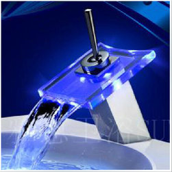 Color Changing LED Waterfall Bathroom Sink Faucet (Glass Spout)--H310894 - Bathroom Sink Faucets