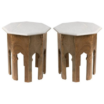 Home Square Traditional Marble & Wood Side Table in White & Brown - Set of 2
