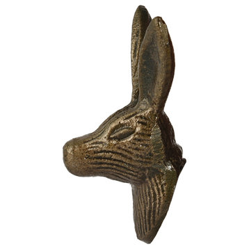 Set of Four Metal Rabbit Head Cabinet Knobs in Antique Brass Finish