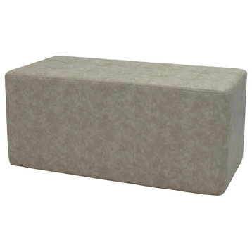 Modern Rectangular Ottoman, Distressed Faux Leather With Tufted Top, Almond