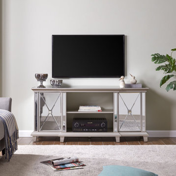 Elegant TV Stand, Mirrored Design With X-Accented Doors and Open Shelves, Silver