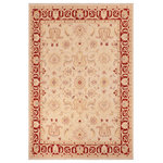Bareens Designer Rugs - Shabby Chic Ziegler Deandrea Beige Red Hand-Knotted Wool Rug - 8'3'' x 9'7'' - Enhance the ambiance of your home with this magnificent Persian-influenced Turkish hand-knotted rug made by skilled artisans capable of creating the most exceptional vegetable dyes and hand-spun wool. This exquisite handmade rug is a one-of-a-kind Peshawar Kafkaz, otherwise identified as Chobi, Chobi Peshawar, Oushak, or Ziegler rug. These handmade rugs are crafted in Pakistan utilizing superior-quality wool imported from Australia, New Zealand, and Korea in two types of weaves: the Persian weave and the Mori weave. This rug is meticulously crafted by hand using the finest natural vegetable dyes extracted from local plants. The artisans use a blend of hand-spun local and fine merino wool, resulting in a rug with a compelling texture, higher lanolin content, and longer staple. The artisans occasionally incorporate natural or artificial silk into the pile to enhance specific motifs. The finished product is an awe-inspiring execution of flawless design and an understated palette that exudes elegance.