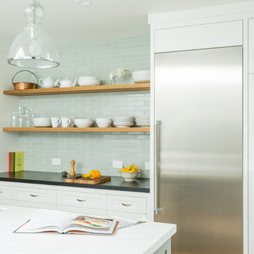2x8 offset Oyster Shell tiles and open shelving.
