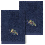 Linum Home Textiles - Linum Home Turkish Cotton Pierre 2-Piece Washcloth Set, Midnight Blue - The Pierre Embellished Towel Collection features a rustic pinecones on branches motif, embroidered on a natural cotton osnaburg cloth border.  These soft and luxurious towels are made of 100% premium Turkish Cotton and offer lasting absorbency and superior durability.