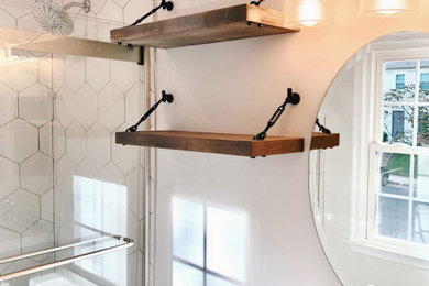 Example of a small minimalist master white tile and ceramic tile porcelain tile and gray floor sliding shower door design in DC Metro with shaker cabinets, gray cabinets, a two-piece toilet, gray walls, an undermount sink, quartzite countertops and white countertops