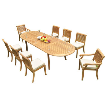 9-Piece Outdoor Teak Dining Set: 117" Oval Extn Table, 8 Arbor Stacking Chairs