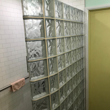 Glass Block Shower with a Solid Surface Base and Shower Wall Panels California
