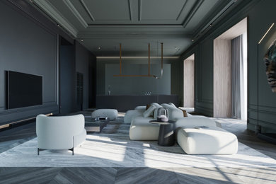 Foto de salón abierto minimalista grande con paredes verdes, suelo de madera en tonos medios, chimenea lineal, televisor colgado en la pared y madera