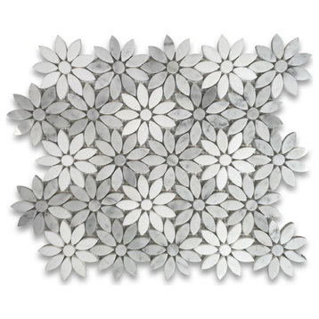 White Thassos Carrara Marble Daisy Flower Floral Mosaic Tile Polished, 1 sheet