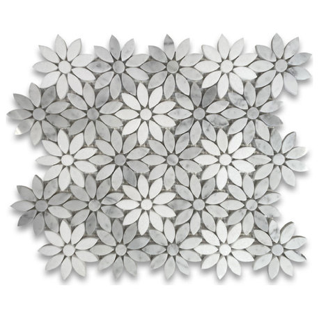 White Thassos Carrara Marble Daisy Flower Floral Mosaic Tile Polished, 1 sheet