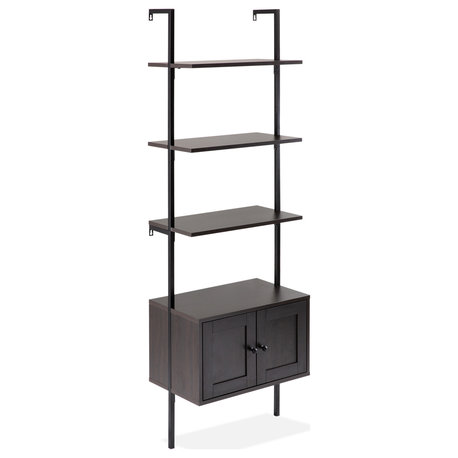 Industrial 4-Shelf Wood Wall-Mounted Open Ladder Bookcase, Cabinet, Metal Frame