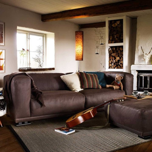 Light Grey Fabric Brown Leather Sofa, Leather Sofa And Fabric Chairs