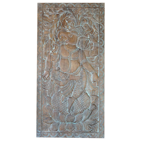 Consigned Vintage Wood Carved Dancing Ganesha Art Indian Wall Sculpture