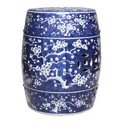 Blue & White Garden Stool with Plum Blosson - Accent And Garden Stools