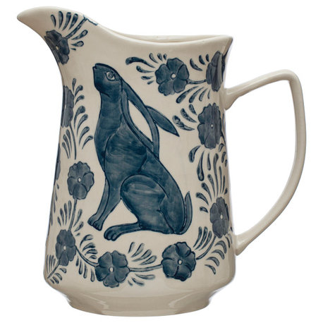 Stoneware Pitcher with Painted Rabbit and Florals, Blue and Cream