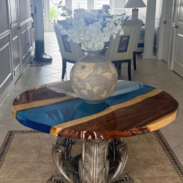 48” Round Epoxy River Table – Walnut Wood with Ocean-Inspired Blue Resin Design