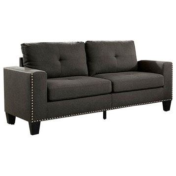 Fabric Upholstered Sofa With Track Arms And Nailhead Trim Dark Gray - Saltoro