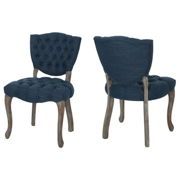 Case Tufted Dining Chair With Cabriole Legs, Set of 2, Navy Blue, Brown Wash Finish