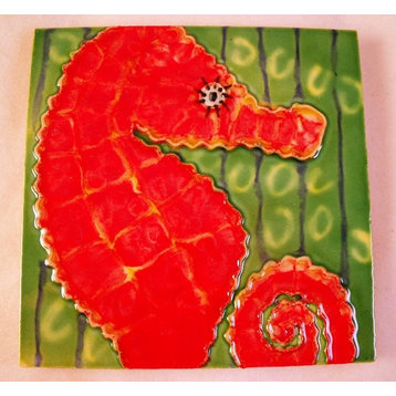 Tropical Ocean Beach Red Seahorse 4x4 Inches Ceramic Tile