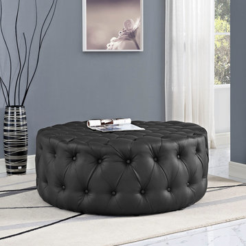 PU Leather Tufted Ottoman, Round Tufted Coffee Table, Cocktail Ottoman, Black