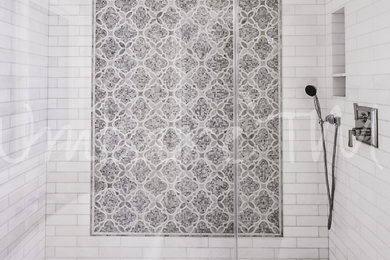 Example of a large classic master white tile and subway tile bathroom design in Other with shaker cabinets, white cabinets, quartz countertops, a hinged shower door and gray countertops