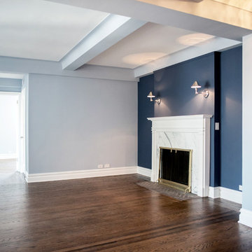 Blue Traditional Living Room with Custom Finished Fireplace