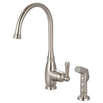 Olympia Faucets - Accent Single Handle Kitchen Faucet, PVD Brushed Nickel - Single Handle Kitchen Faucet Lever Handle Gooseneck Spout Swivel 360_ 8-1/4" Reach, 10-3/8" From Deck to Aerator Ceramic Disc Cartridge with Temperature Limit Stop 2 or 4-Hole Installation Side Spray Assembly With 1.5 GPM Flow Rate Deck Cover Plate Included