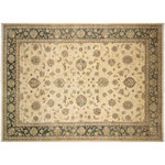 Bareens Designer Rugs - Kafkaz Patti Ivory/Dark green Area Rug, 10'0"x13'8" - Made by skilled artisans capable of creating the most exceptional Persian influenced Turkish knotted rugs, this gorgeous rug is extremely versatile and famous for its soft pleasing color palette. Using the finest hand-spun New Zealand wool, which has been expertly hand-tied, finished, sun-dried and can take 4 skilled artisans nine to twelve months to hand knot and complete his piece of art. The invigorating colors and patterns can bring elegance and freshness in a myriad of interiors.
