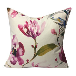 KH Window Fashions, Inc. - Watercolor Flowers and Bird Motif PIllow, Magenta, 20", Without Insert - Decorative Pillows