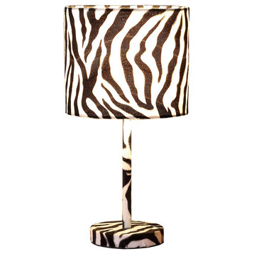 Benzara BM233929 Fabric Wrapped Table Lamp With Animal Print, White and Black