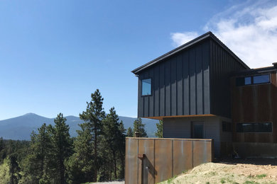 Mid-sized minimalist black three-story metal house exterior photo in Denver with a shed roof and a metal roof