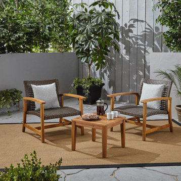 Alyssa Outdoor 3-Piece Wood and Wicker Club Chairs and Side Table Set, Mixed Mocha/Natural Finish