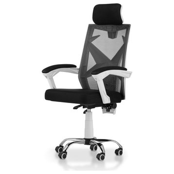 Modern Office Chair, White Frame & Black Transparent Mesh Backrest With Headrest