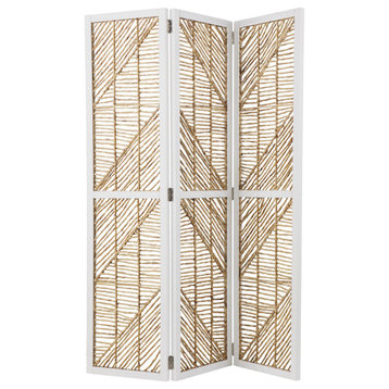 Eclectic Room Divider, White Wooden Frame With Chevron Patterned Water Hyacinth
