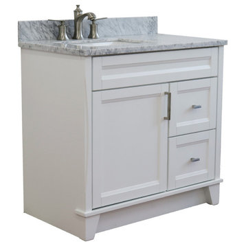 37" Single Sink Vanity, White Finish With White Carrara Marble