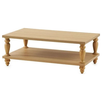 Traditional Coffee Table, Rectangular Top and Shelf With Spindle Legs, Light Oak
