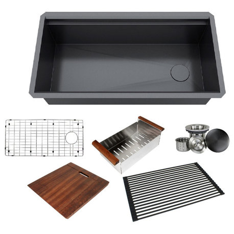 36in. Galaxy Black Undermount Single Bowl Stainless Steel Kitchen Sink Combo